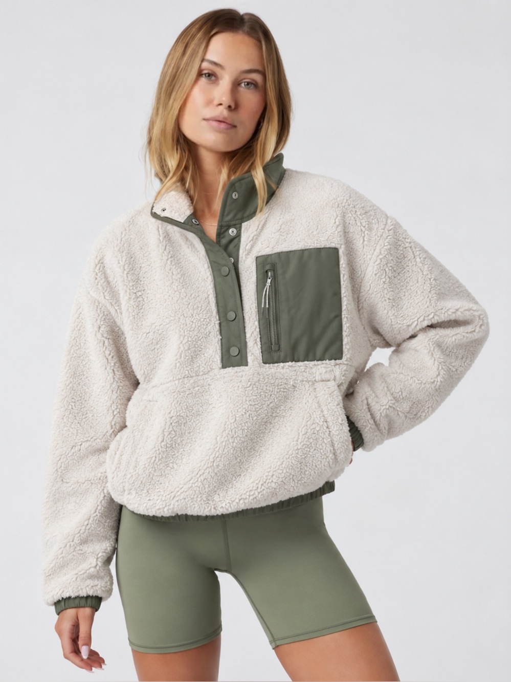 Vuori Cozy Sherpa Popover Womens 1/2 Snap Fleece Pullover Sweater Dune - Size S